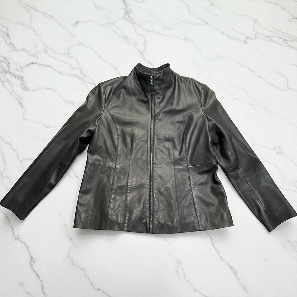Cole Haan Women’s XL Genuine Lambskin Leather Jacket Black Zip Front Moto Style